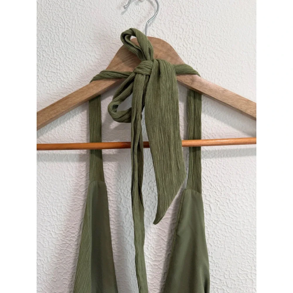 Abercrombie & Fitch Olive Green Halter Maxi Dress Textured V-Neck Slit XL Fall